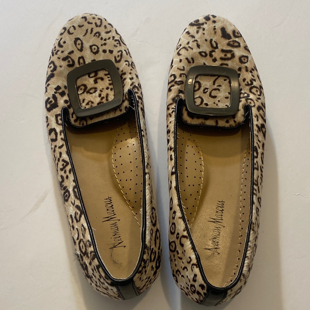 Neiman Marcus Animal Print Flats with Black Buckle